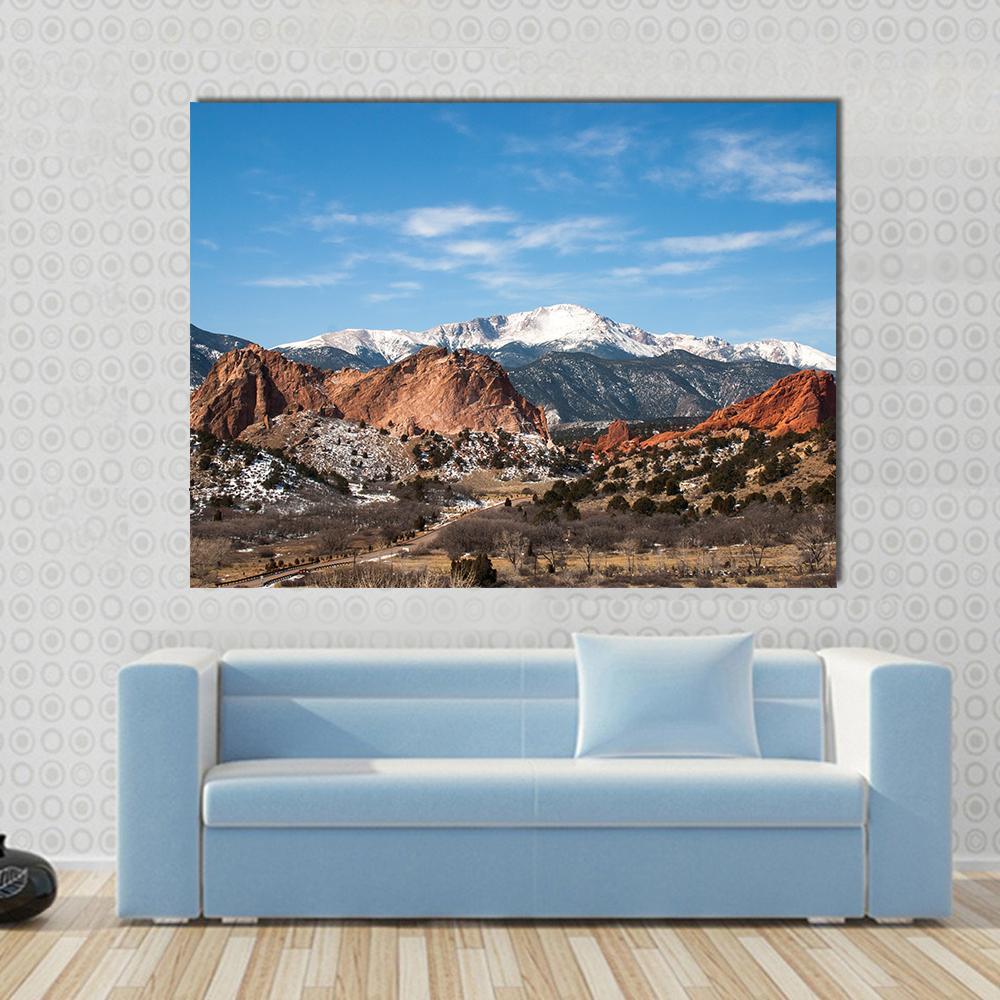 Garden of the Gods Park Colorado Canvas Wall Art in brown, red and blue, 5 panel Pop layout hung on a wall