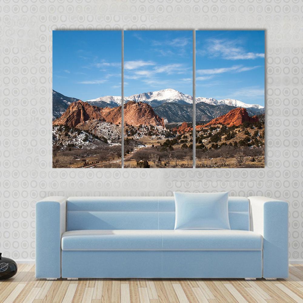 Garden of the Gods Park Colorado Canvas Wall Art in brown, red and blue, 5 panel Pop layout hung on a wall