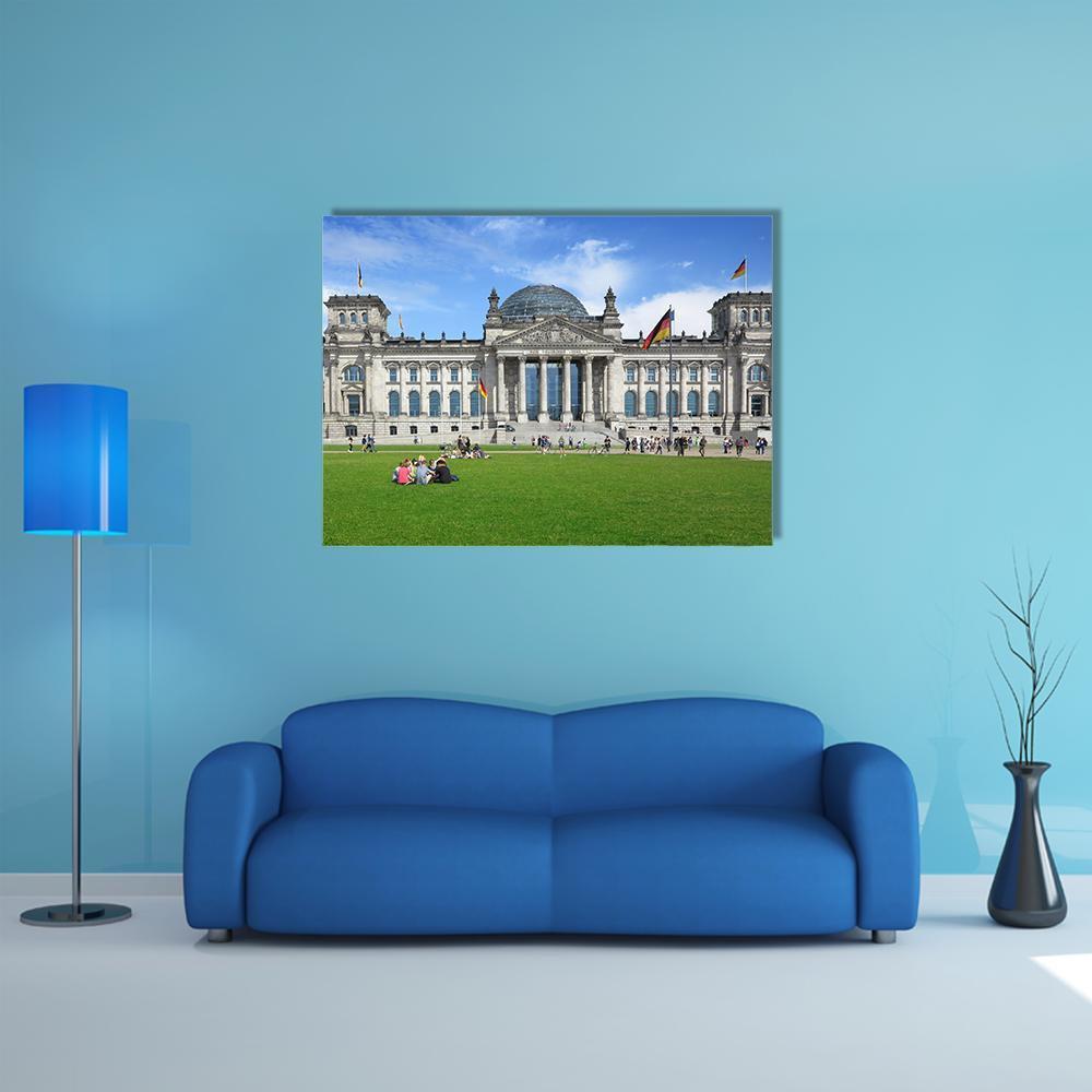 Reichstag Building in Berlin Canvas Wall Art in gray, green and blue, single panel hung on a wall