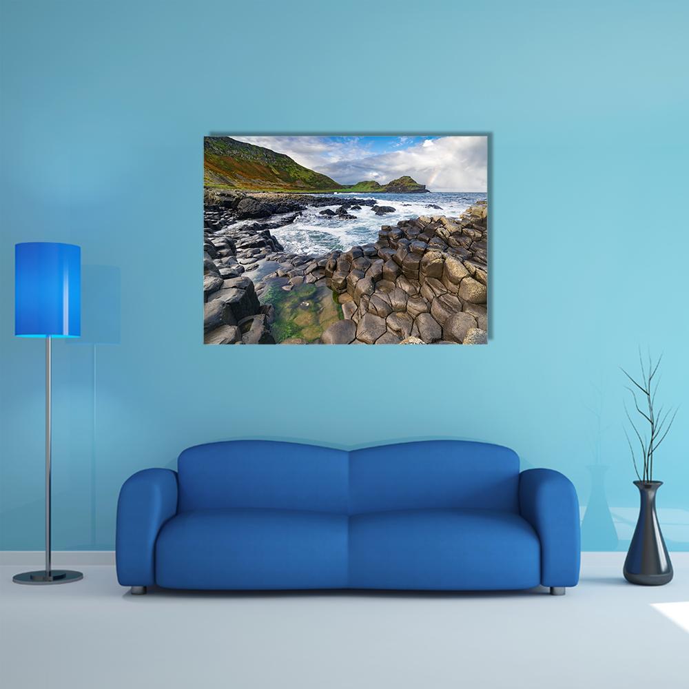 Giant's Causeway Basalt Columns Canvas Wall Art in gray, brown and blue, single panel hung on a wall