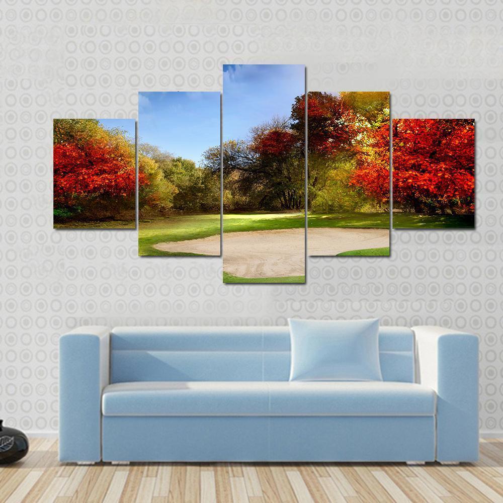 Golf Course In Autumn Canvas Wall Art-5 Star-Gallery Wrap-62&quot; x 32&quot;-Tiaracle