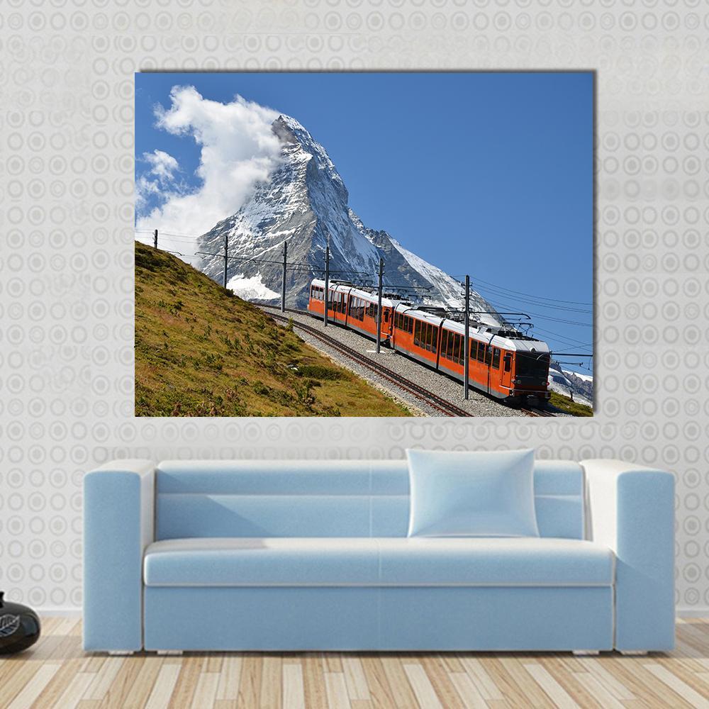 Beautiful Railway Track Switzerland Canvas Wall Art in white, orange and blue, single panel hung on a wall