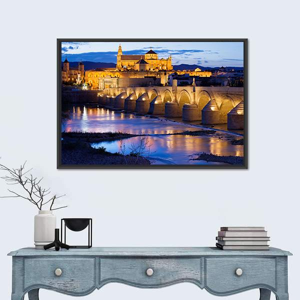 Roman Bridge & Great Mosque Cordoba Canvas Wall Art-3 Horizontal-Gallery Wrap-25" x 16"-Tiaracle