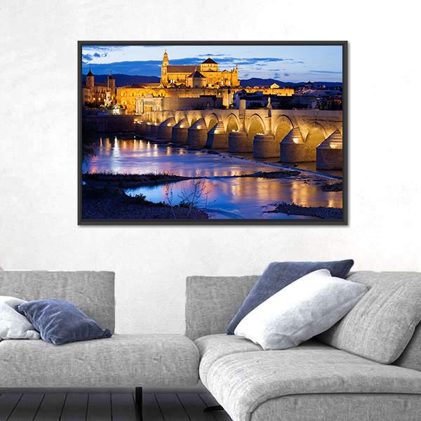 Roman Bridge &amp; Great Mosque Cordoba Canvas Wall Art-1 Piece-Floating Frame-24" x 16"-Tiaracle