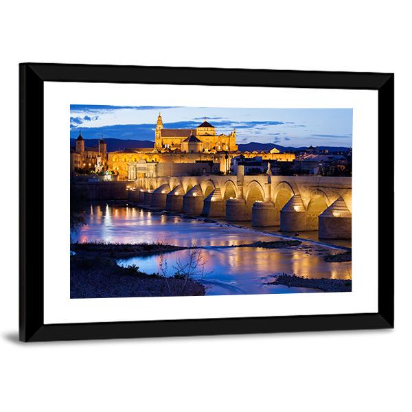 Roman Bridge & Great Mosque Cordoba Canvas Wall Art-3 Horizontal-Gallery Wrap-25" x 16"-Tiaracle