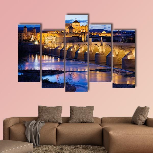 Roman Bridge &amp; Great Mosque Cordoba Canvas Wall Art-5 Pop-Gallery Wrap-47" x 32"-Tiaracle