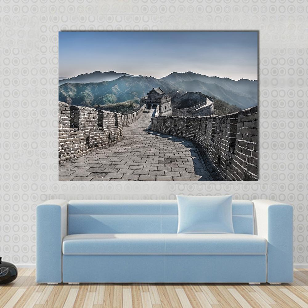 Great at Mutianyu Canvas Wall Art in black, gray and blue, single panel hung on a wall