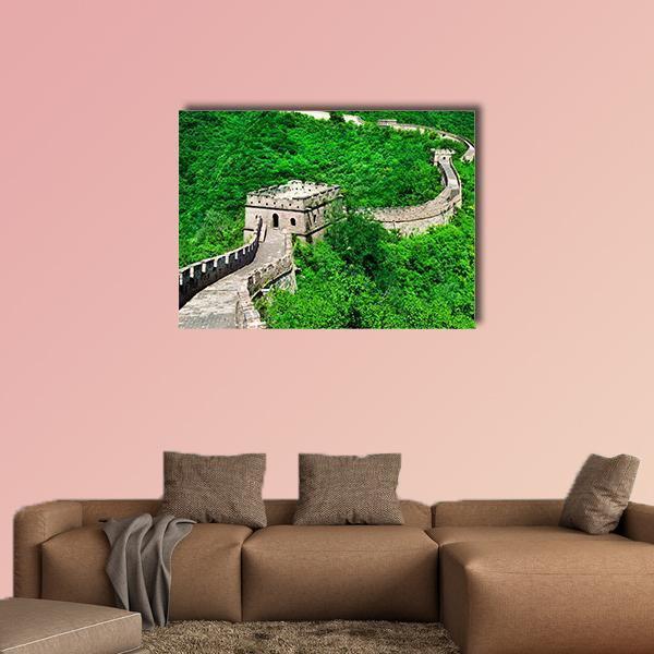 Great of China Aerial View Canvas Wall Art in gray and green, single panel hung on a wall
