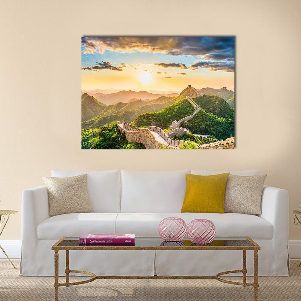 Great of China at Sunset Canvas Wall Art in yellow, green and blue, single panel hung on a wall