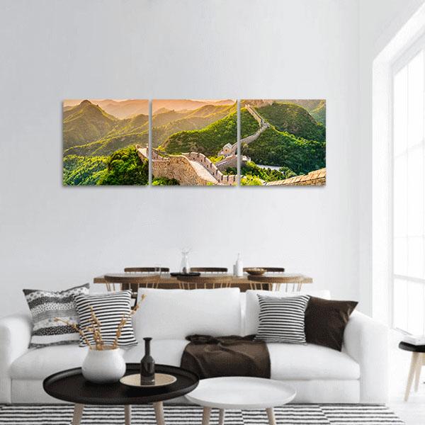 Great of China at Golden Hour Panoramic Canvas Wall Art in gold, yellow and green, hung on a wall
