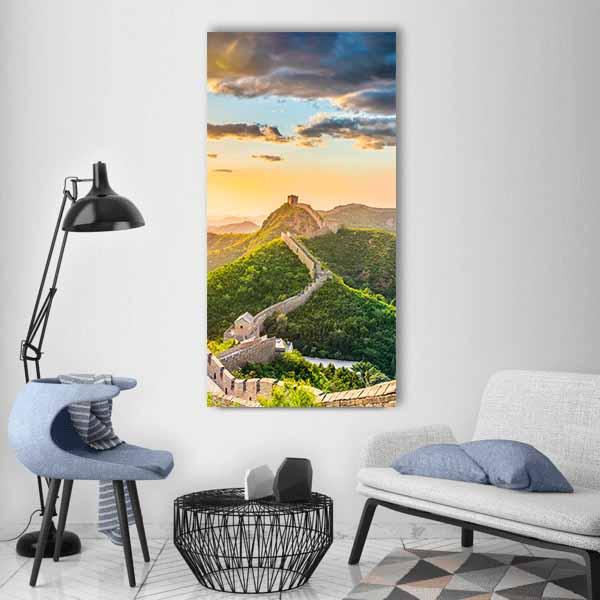 Great of China at Golden Hour Vertical Canvas Wall Art in gold, yellow and green, single vertical panel hung on a wall