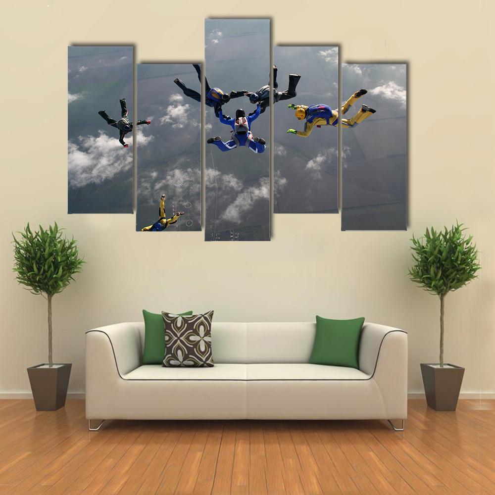 Group Of Parachutists In Air Canvas Wall Art-5 Pop-Gallery Wrap-47" x 32"-Tiaracle