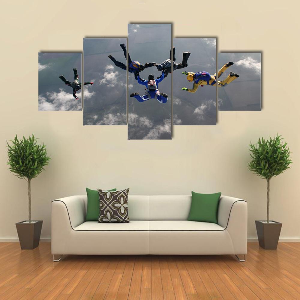 Group Of Parachutists In Air Canvas Wall Art-5 Star-Gallery Wrap-62" x 32"-Tiaracle