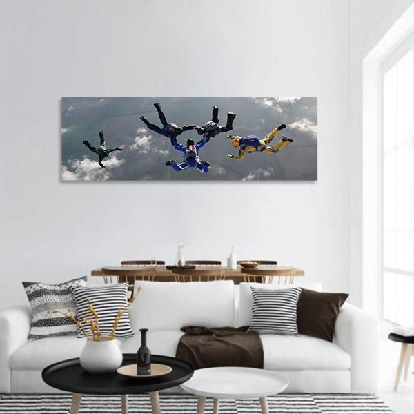 Group Of Parachutists In Air Panoramic Canvas Wall Art-3 Piece-25" x 08"-Tiaracle