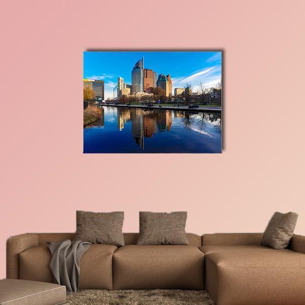 Den Haag Skyline Netherlands Canvas Wall Art in brown and blue, single panel hung on a wall