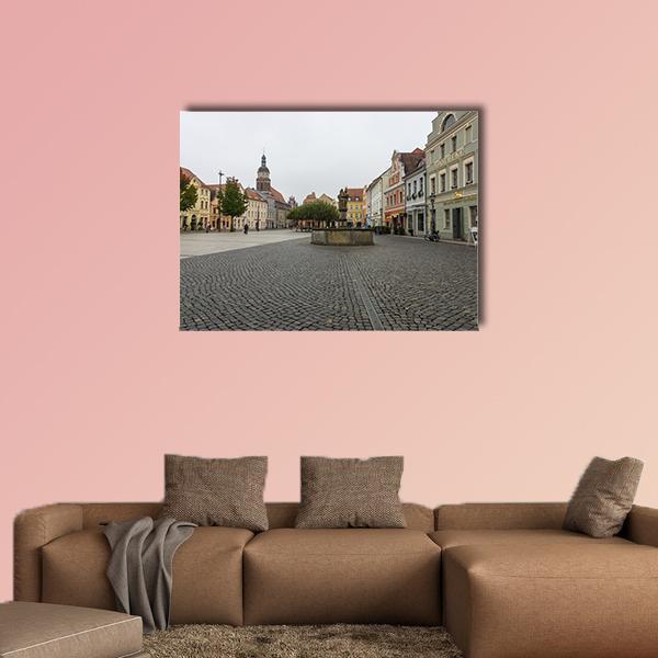 Historic Alt Market Square with Fountain Canvas Wall Art in gray, beige and brown, single panel hung on a wall