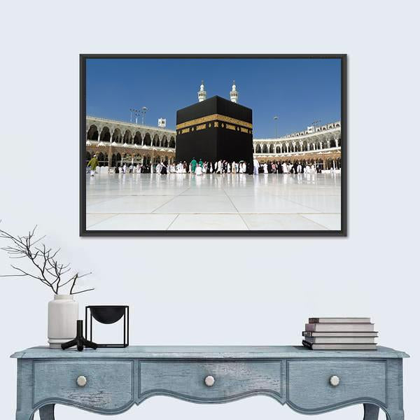 Kaaba at Masjid Al-haram Canvas Wall Art in black, white and blue, framed canvas, product view on a white background