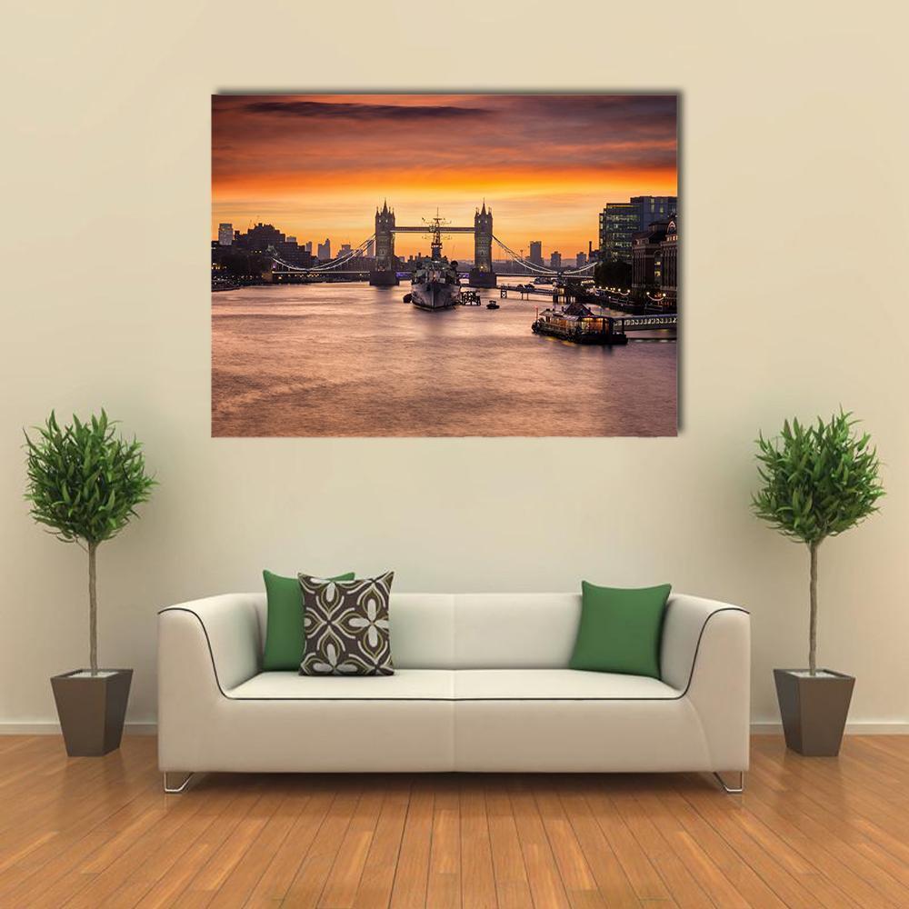 Tower Bridge and Hms Belfast at Sunset Canvas Wall Art in brown, orange and yellow, single panel hung on a wall