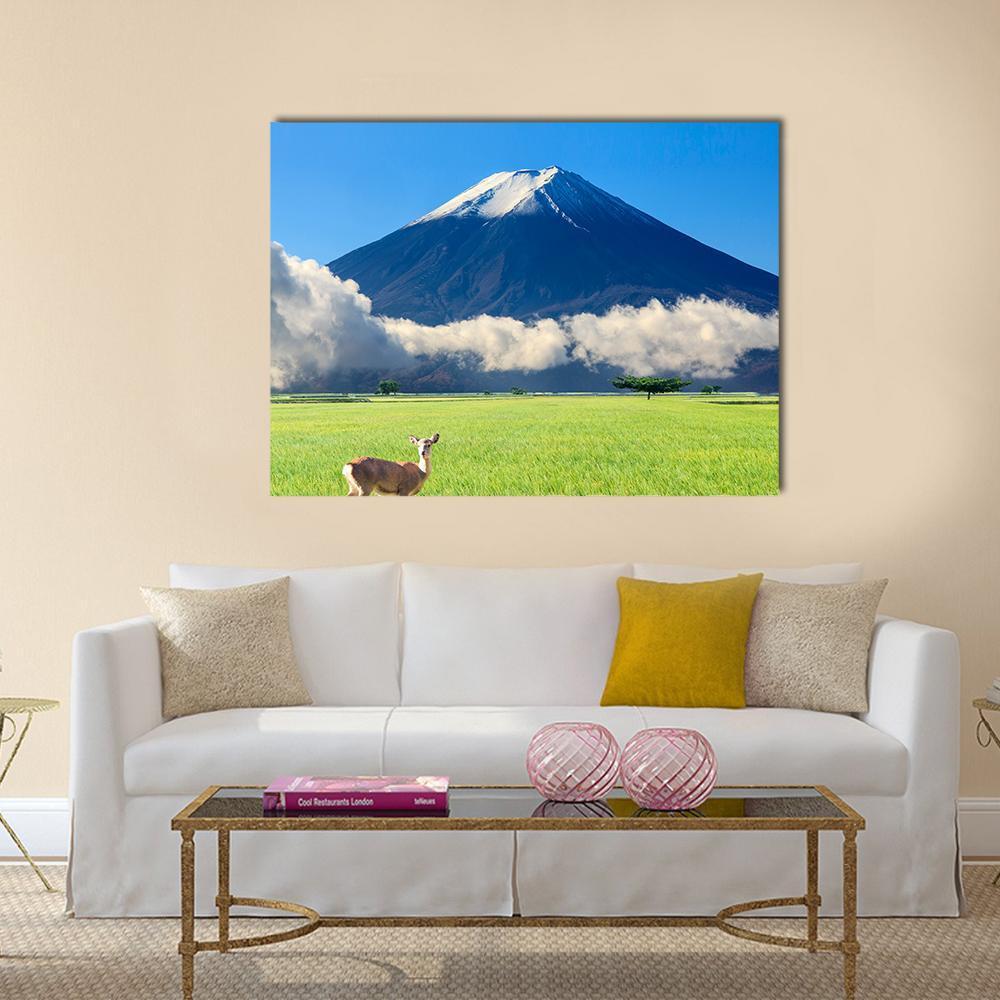 Serene Landscape with Deer and Mount Fuji Canvas Wall Art in white, green and blue, single panel hung on a wall