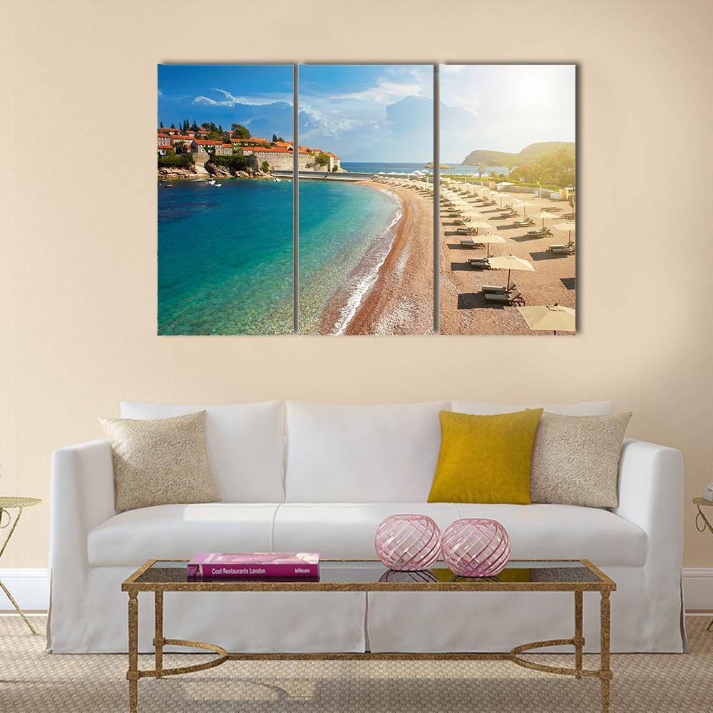 Sveti Stefan Island in Montenegro Canvas Wall Art in beige and blue, 3 panel horizontal set hung on a wall