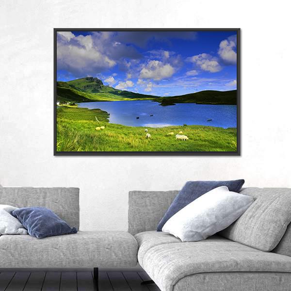 Isle of Skye Lake with Grazing Sheep Canvas Wall Art in white, green and blue, framed canvas, product view on a white background