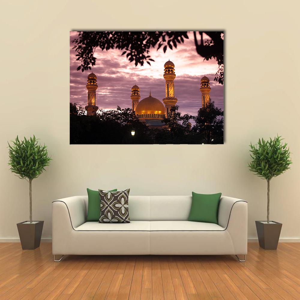 Jame Asr Mosque at Sunset Canvas Wall Art in black, gold and purple, single panel hung on a wall