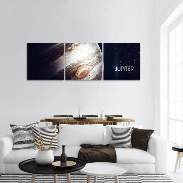 Jupiter with Great Red Spot Panoramic Canvas Wall Art in black, beige and brown, hung on a wall