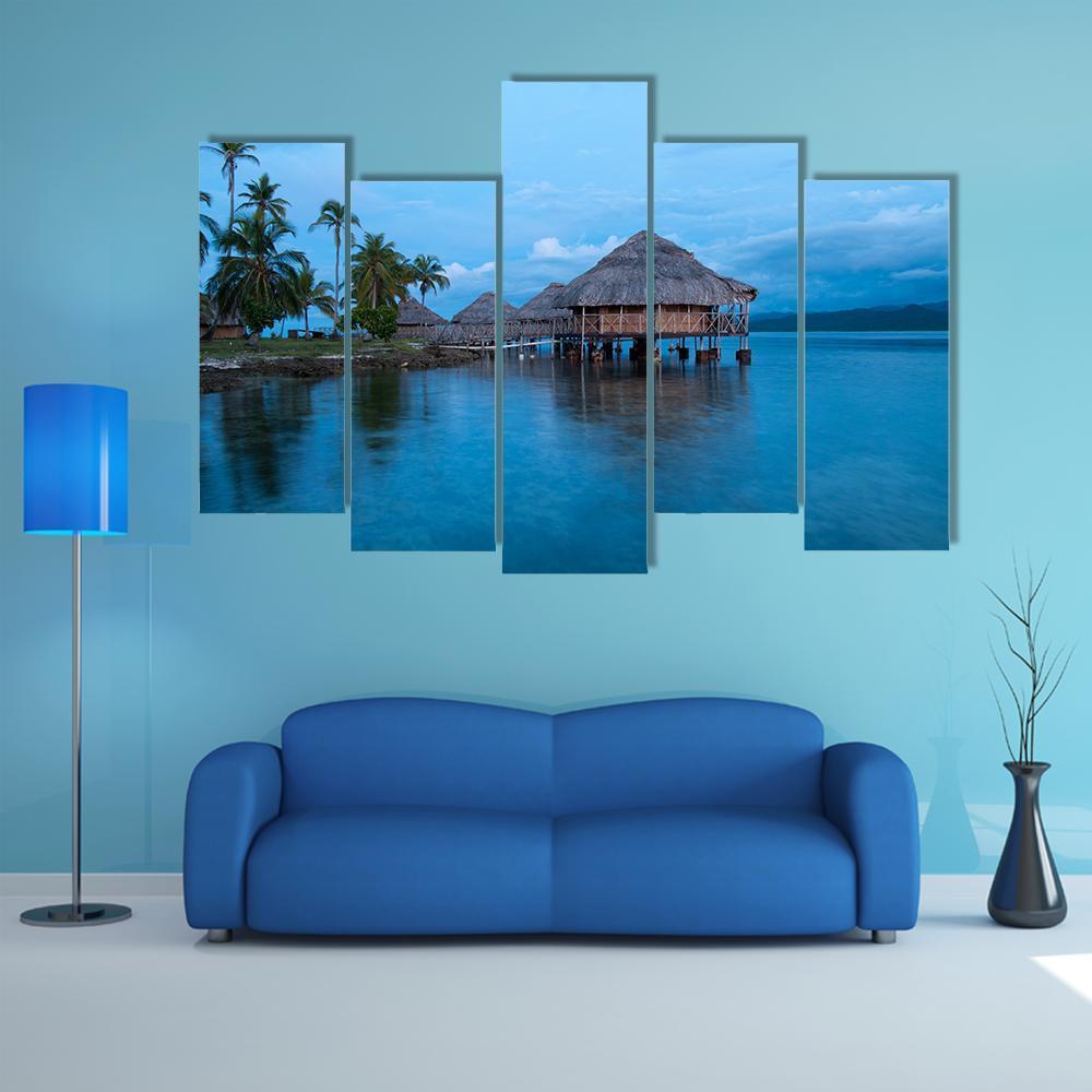 Huts In Blue Water Canvas Wall Art-5 Pop-Gallery Wrap-47" x 32"-Tiaracle