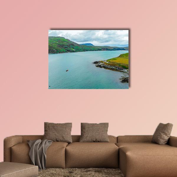Kyle of Durness, Scotland Coastal View Canvas Wall Art in green and blue, single panel hung on a wall