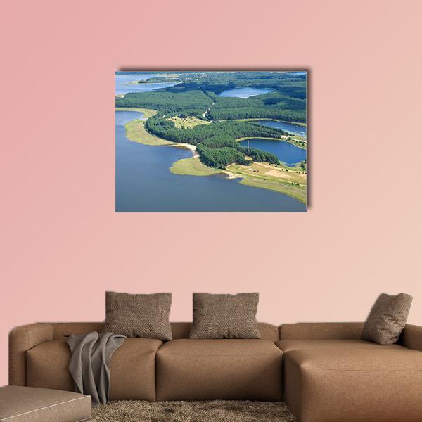 Lake Seliger and Islands Canvas Wall Art in green and blue, single panel hung on a wall