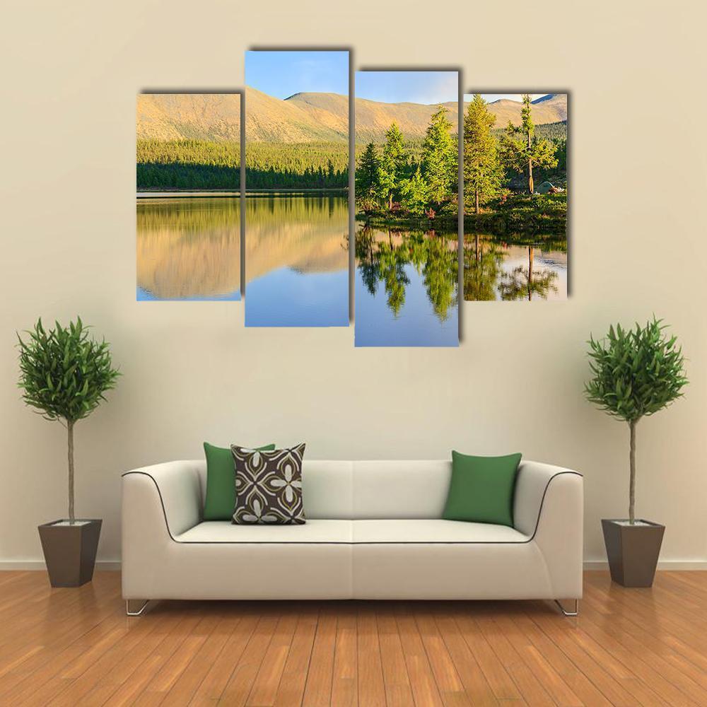 Scenic Mountain Lake In Summer Canvas Wall Art-4 Pop-Gallery Wrap-50" x 32"-Tiaracle