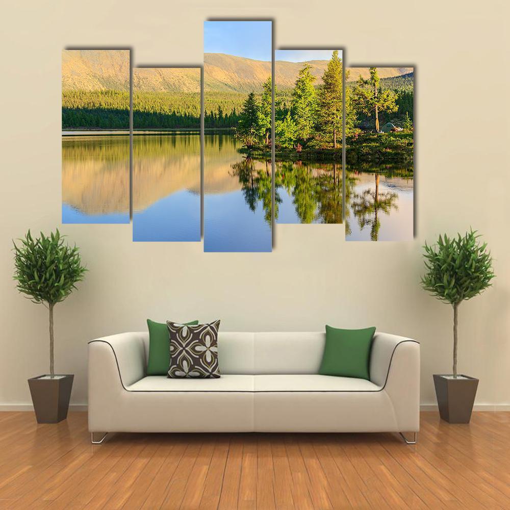 Scenic Mountain Lake In Summer Canvas Wall Art-5 Pop-Gallery Wrap-47" x 32"-Tiaracle
