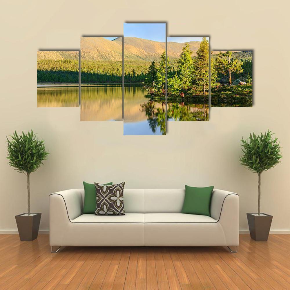 Scenic Mountain Lake In Summer Canvas Wall Art-5 Star-Gallery Wrap-62" x 32"-Tiaracle