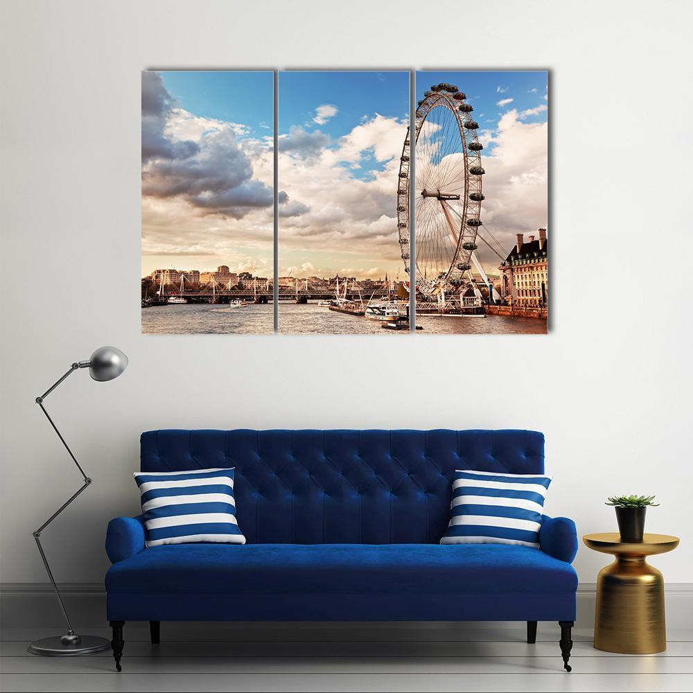 London Eye In Evening Canvas Wall Art-3 Horizontal-Gallery Wrap-37" x 24"-Tiaracle