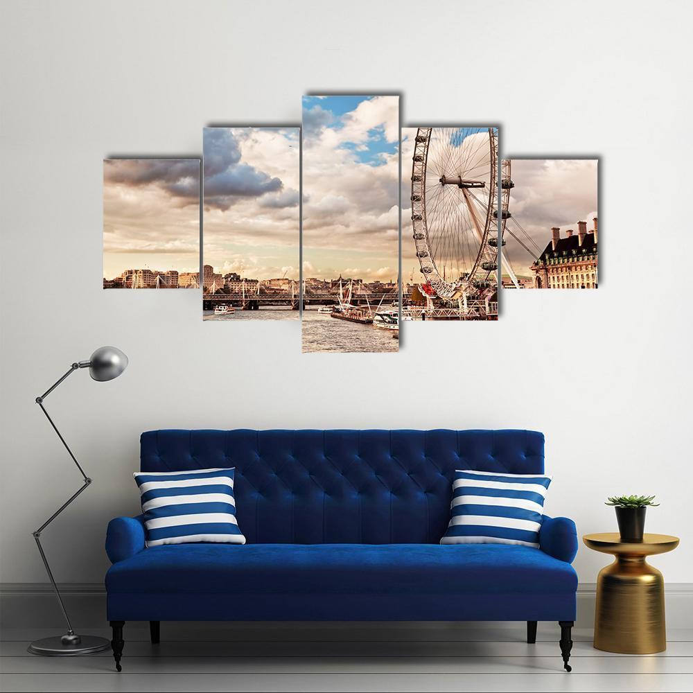 London Eye In Evening Canvas Wall Art-5 Star-Gallery Wrap-62" x 32"-Tiaracle
