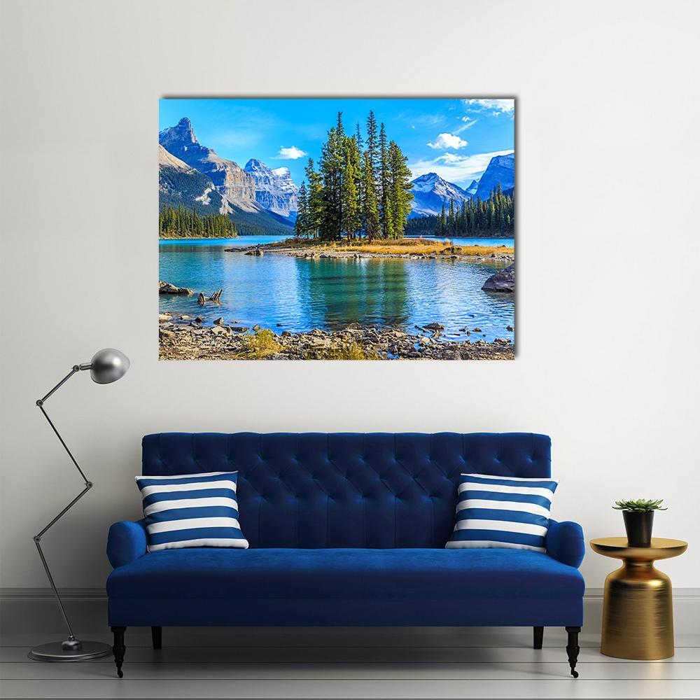 Spirit Island at Maligne Lake Canvas Wall Art in gray, green and blue, single panel hung on a wall