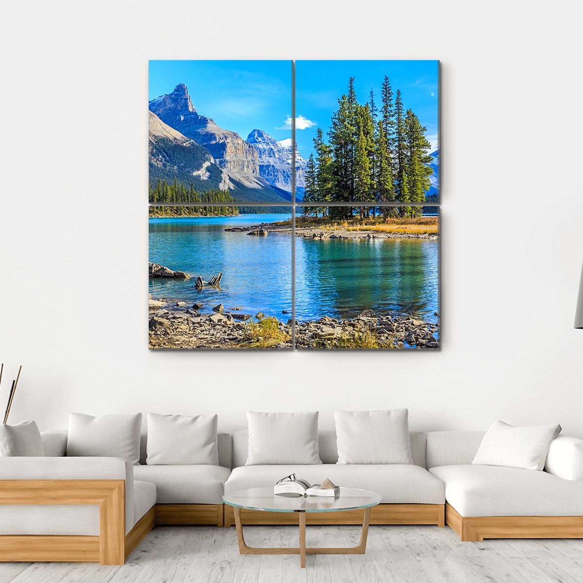 Spirit Island at Maligne Lake Canvas Wall Art in gray, green and blue, hung on a wall