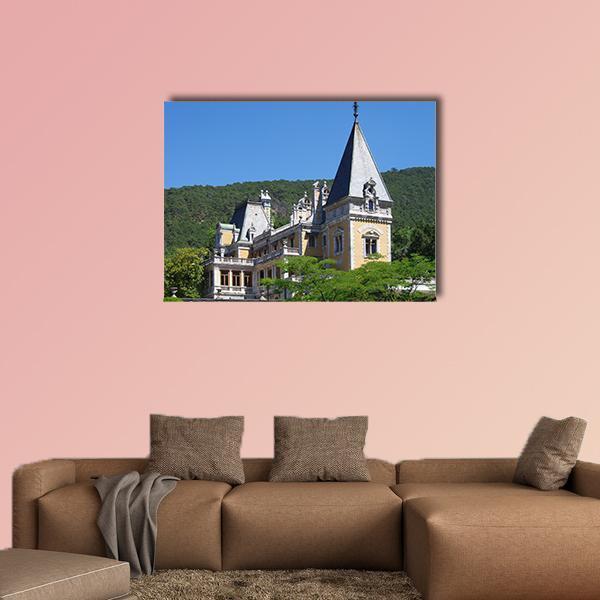 Massandra Palace Vintage View Canvas Wall Art in beige, green and blue, single panel hung on a wall