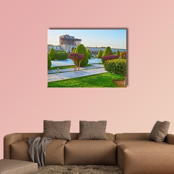 Qapu Palace Garden with Stone Pathway Canvas Wall Art in gray, green and blue, single panel hung on a wall