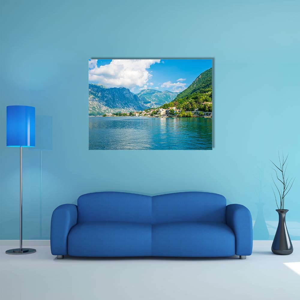 Bay of Kotor Canvas Wall Art in green and blue, single panel hung on a wall