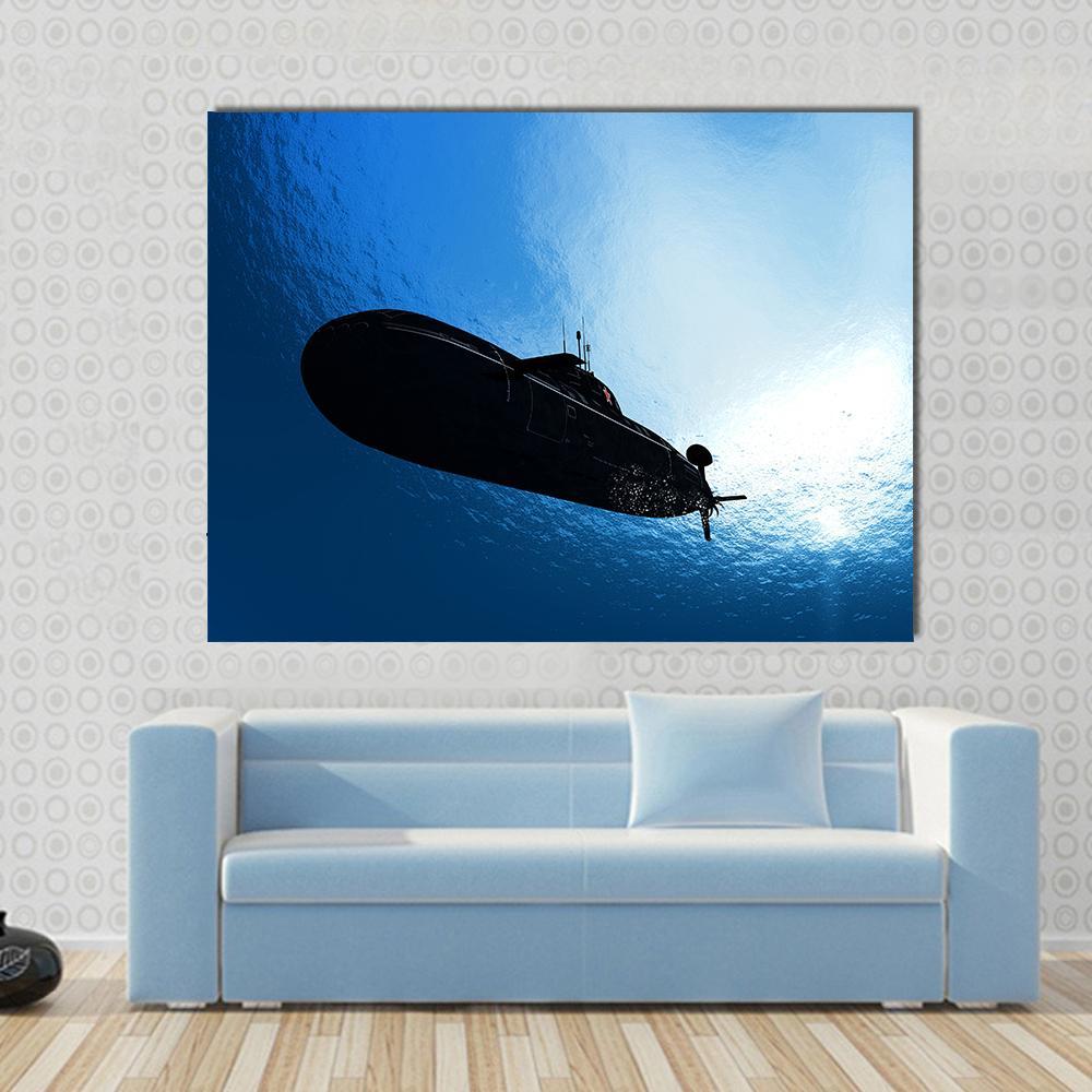 Military Submarine in Sea Canvas Wall Art in black, white and blue, single panel hung on a wall