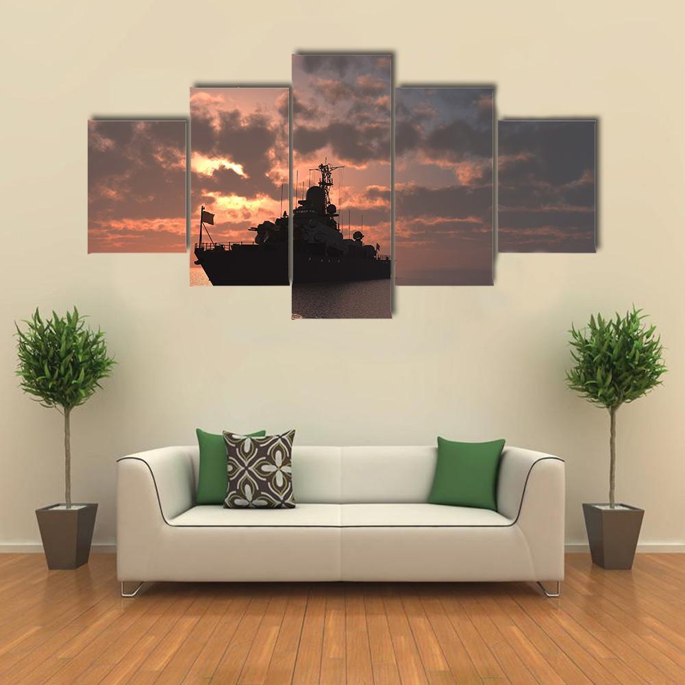 Military Ship In Sea Canvas Wall Art-5 Star-Gallery Wrap-62" x 32"-Tiaracle
