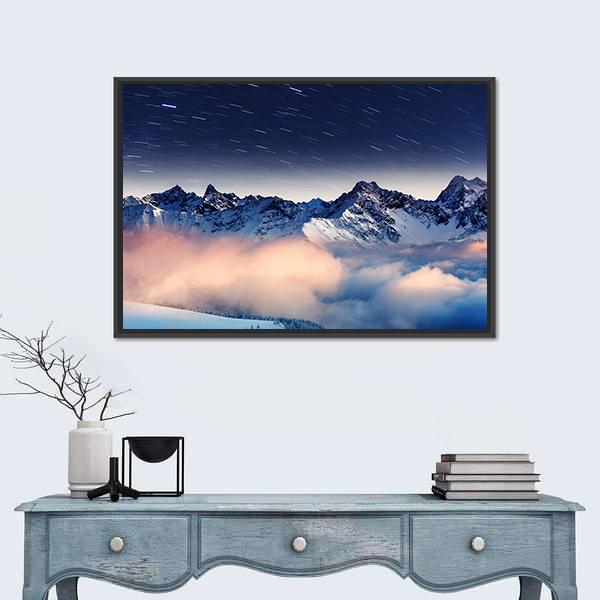 The Milky Way Over The Winter Mountains Panoramic Canvas Wall Art-1 Piece-36" x 12"-Tiaracle