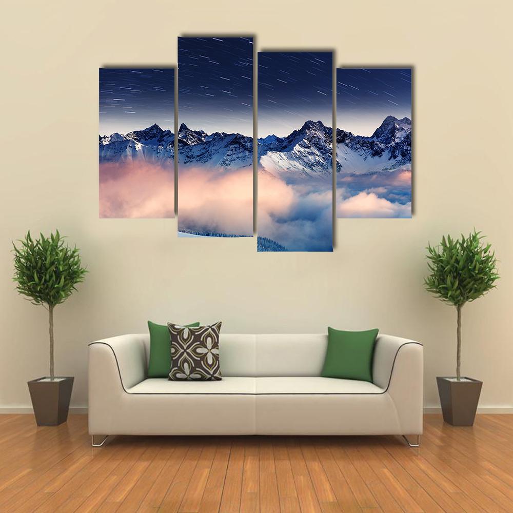The Milky Way Over Winter Mountains Landscape Canvas Wall Art-4 Pop-Gallery Wrap-50" x 32"-Tiaracle