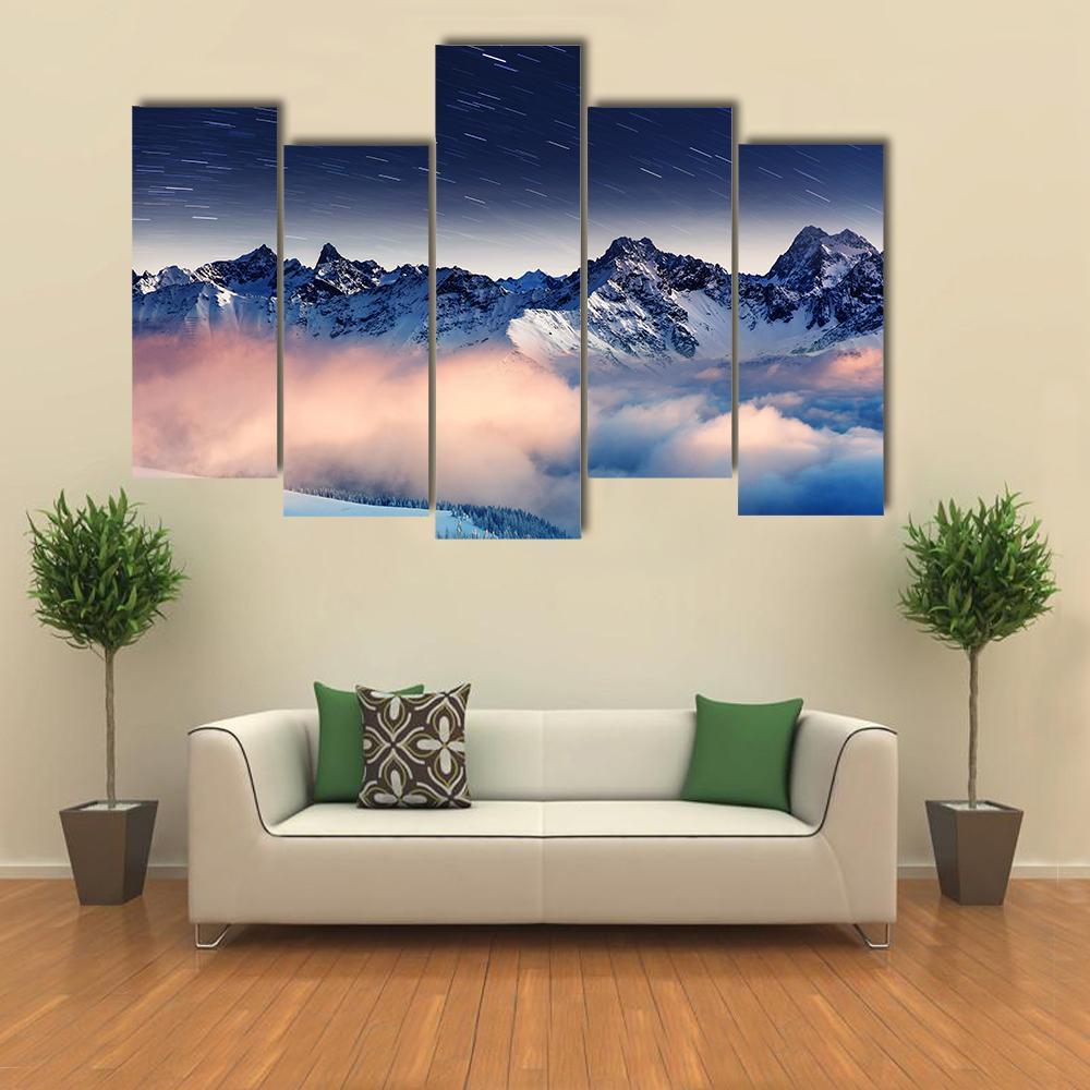 The Milky Way Over Winter Mountains Landscape Canvas Wall Art-5 Pop-Gallery Wrap-47" x 32"-Tiaracle