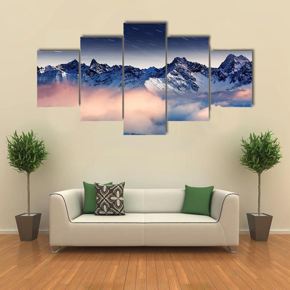 The Milky Way Over Winter Mountains Landscape Canvas Wall Art-5 Star-Gallery Wrap-62" x 32"-Tiaracle