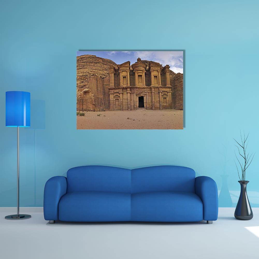 Ad-deir, Petra Jordan Canvas Wall Art in beige, brown and blue, single panel hung on a wall