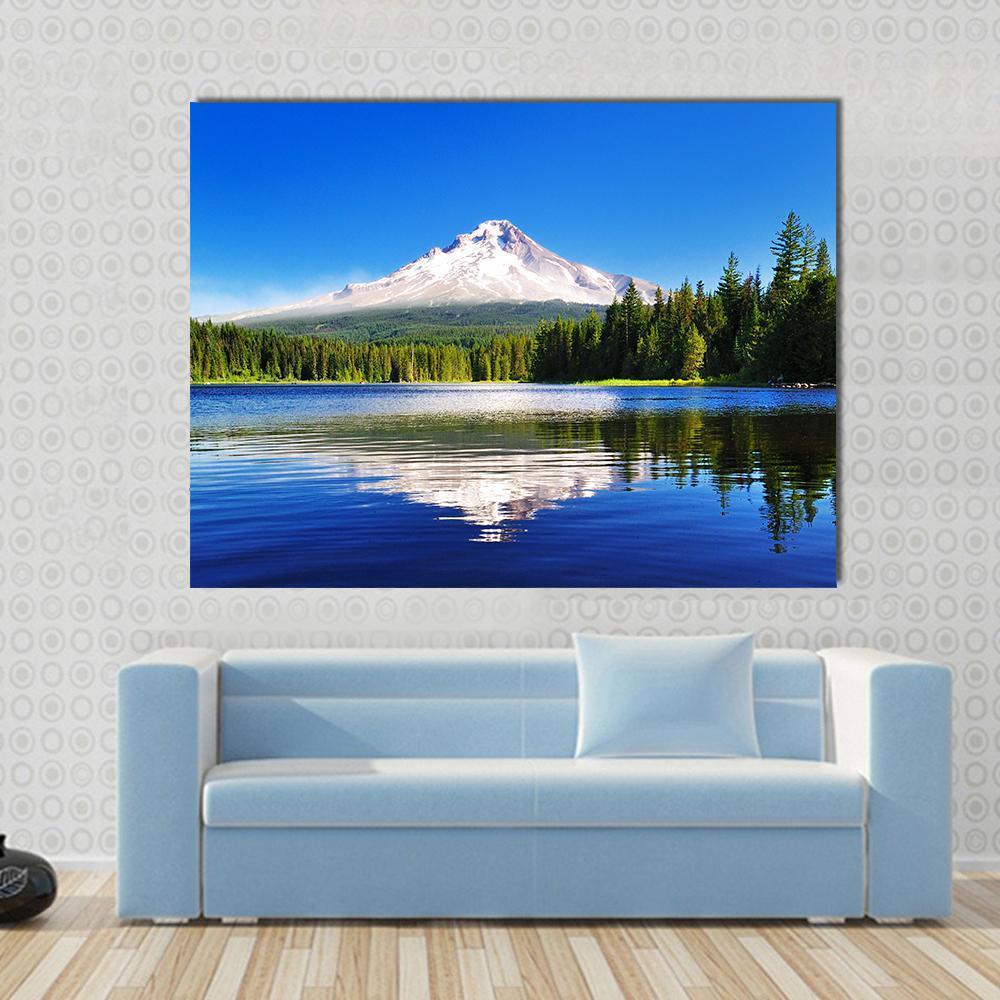 Mount Hood from Lake Canvas Wall Art in white, green and blue, single panel hung on a wall