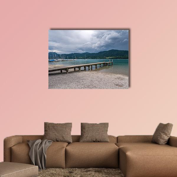 Tegernsee Lake Dock and Mountains Canvas Wall Art in gray, green and blue, single panel hung on a wall