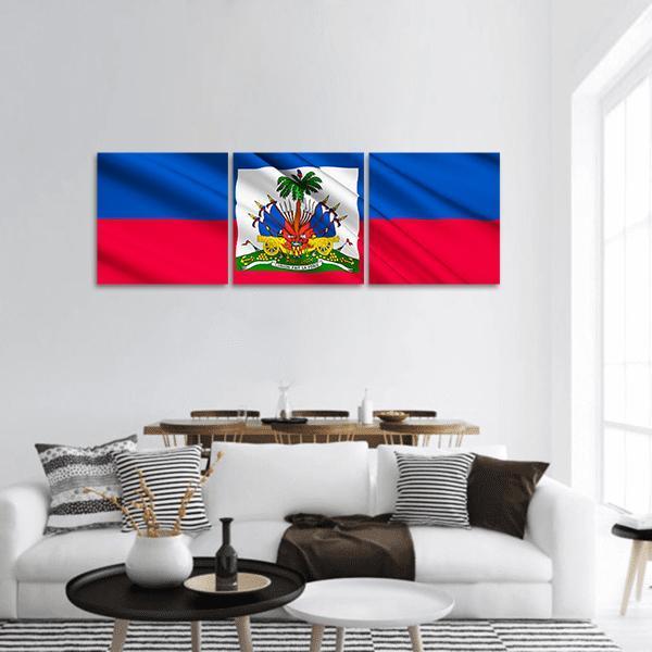 Haiti National Flag with Coat of Arms Panoramic Canvas Wall Art in red and blue, hung on a wall